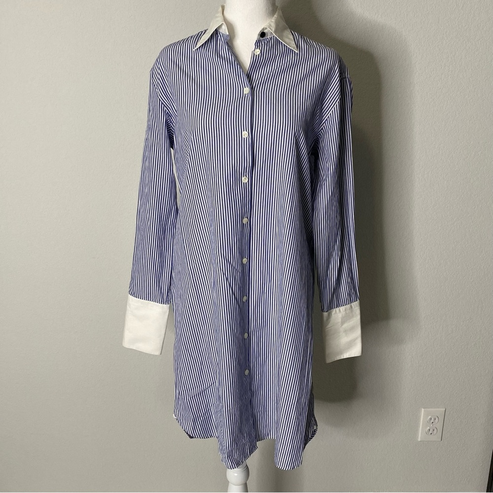 Rag & Bone XS Blue Stripe Essex Shirt Dress Long Sleeve Silk Details MISSING TIE